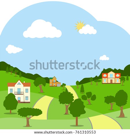 A rural landscape with houses, green hills, trees and road. Flat design, vector illustration, vector.