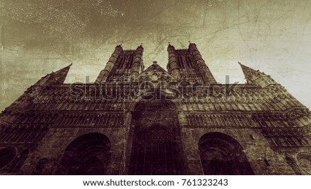 West Facade of Lincoln Cathedral Fine Art C, Double Exposure, Vintage Style Black and White Split Toning Horizontal Photography