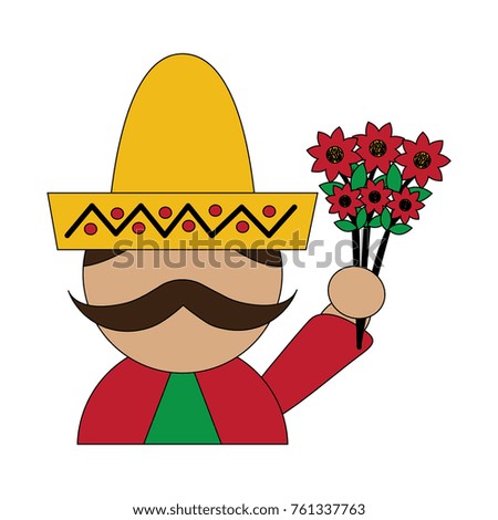 mexican man with hat and mustache holding bunch flower