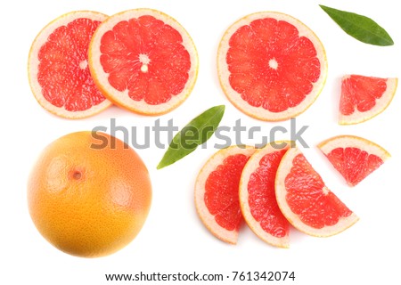 healthy food. sliced grapefruit with green leaf isolated on white background top view Royalty-Free Stock Photo #761342074