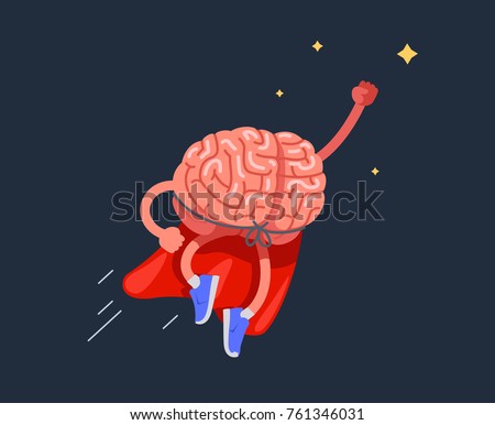 super-brain, flies into the sky in a red cloak. Modern flat style thin line vector illustration.