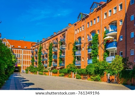 View of brick houses in the teerhof district in Bremen, Germany.
