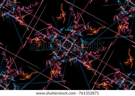 Swirls of fractal lines on black backround. Creative digital art. Silk symmetry seamless pattern series.