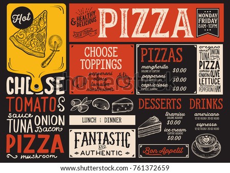 Pizza food menu for restaurant and cafe. Design template with hand-drawn graphic illustrations.