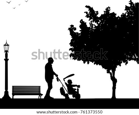 Grandfather walking with his grandson on a tricycle in park, one in the series of similar images silhouette