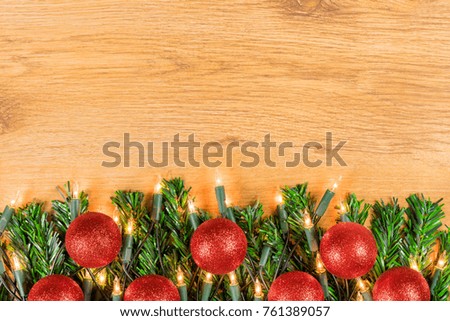 Christmas decoration on wooden background. Top view with space for your text.