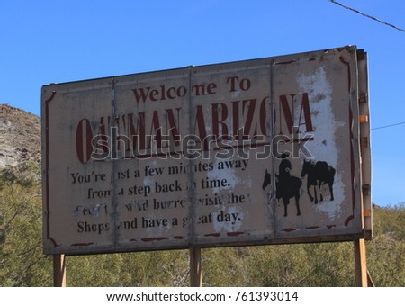 Landscape picture of an old welcome sign to Oatman, Arizona, USA