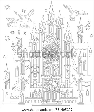 Fairyland medieval Gothic castle. Black and white page for coloring. Worksheet for children and adults. Vector image. 