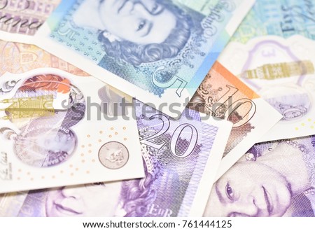 Close Up/Macro Study of Various British Sterling Paper and Polymer Bank Notes Royalty-Free Stock Photo #761444125
