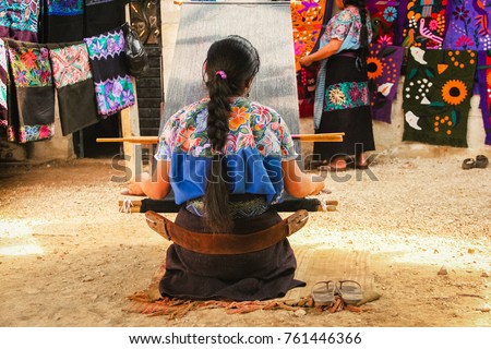 Mexican woman working loom in Chiapas Mexico Royalty-Free Stock Photo #761446366