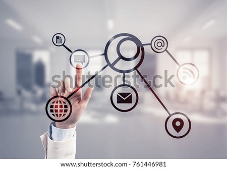 Hand of businesswoman touching icon of user panel on screen