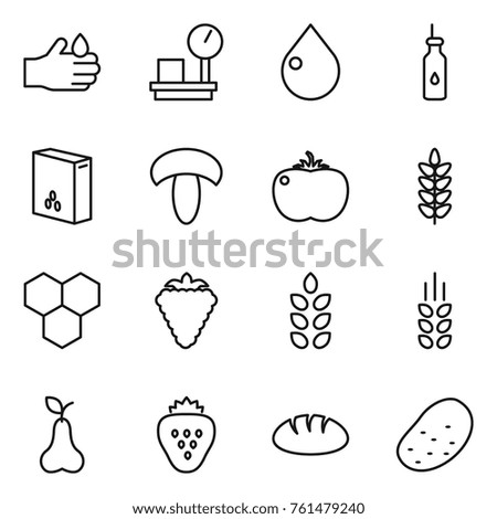 Thin line icon set : acid, warehouse scales, drop, vegetable oil, cereals, mushroom, tomato, spikelets, honeycombs, berry, pear, strawberry, bread, potato