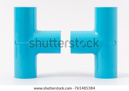 Two pieces new blue plastic pvc pipe in T shape for connect 3 pipes  isolated on white background