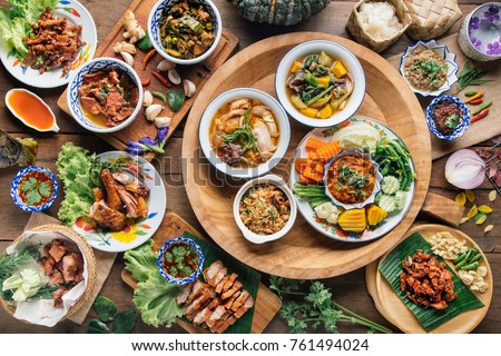 Tradition Northern Thai food. on a wooden table, top view Royalty-Free Stock Photo #761494024
