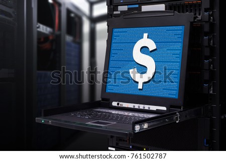 Server computer KVM display show Dollar icon on screen in the modern interior of data center. Super Computer, Server Room. Royalty-Free Stock Photo #761502787