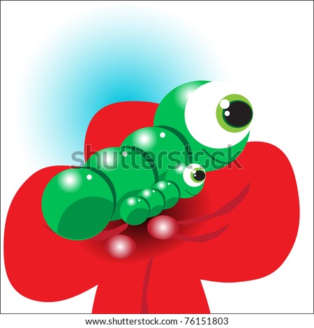 Illustration of Two green caterpillar on a red flower, cartoon style