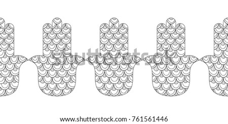 Hamsa hand. Black and white illustration for coloring page. Decorative amulet for good luck and prosperity.
