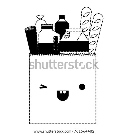 kawaii square paper bag with foods sausage bread and drinks juice and water bottle and milk carton in black dotted silhouette