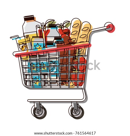 supermarket shopping cart with foods sausage and bread apples and drinks orange juice and water bottle and lacteal in watercolor silhouette