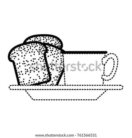 coffee cup and bread slices on dish in black dotted silhouette on white background