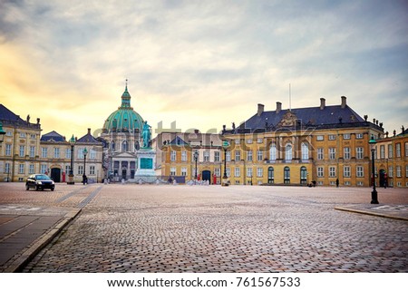Amalienborg, royal danish family resident, with town square in Copenhagen, Denmark