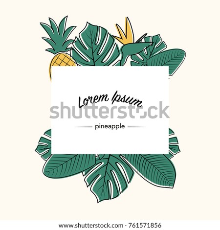 Vector Tropical leaves, flower and pineapple. Philodendron, monstera leaves. Composition poster of Jungle leaves. Used illustration for typography, greeting cards, posters, invitations.