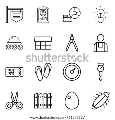 Thin line icon set : shop signboard, report, diagram, bulb, lunar rover, market, drawing compasses, workman, ticket, flip flops, barometer, handle scales, scissors, fence, egg, bug