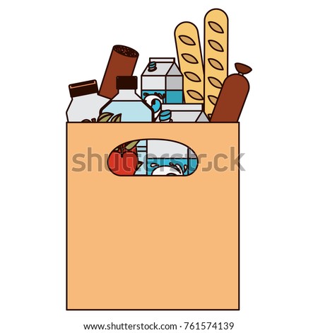 rectangular paper bag with handle and foods sausage and bread apples and drinks orange juice and water bottle and milk carton in colorful silhouette with thin black contour