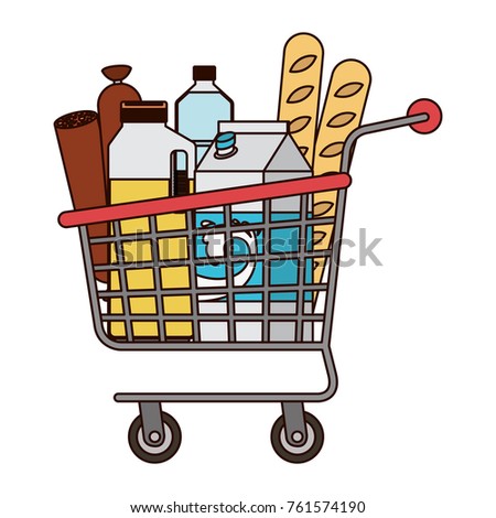 supermarket shopping cart with foods sausage bread and drinks juice and water bottle and milk carton in colorful silhouette with thin black contour