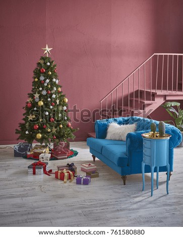 modern christmas living room blue sofa with decorative stair christmas tree