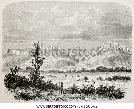 Old illustration of Outhoungu valley, southern Sudan. Created by De Bar, published on Le Tour du Monde, Paris, 1864