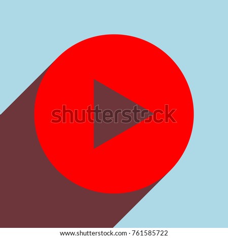Play icon. Vector. Red flat icon with infinte wine shadow to left down corner at sky background.