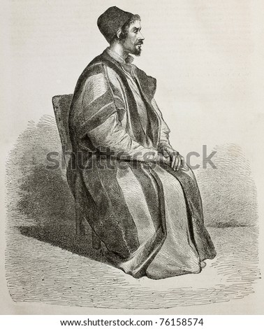 Old engraved portrait of  Procopius, Father Treasurer in Saint Catherine's Monastery, Egypt. Created by Pottin, published on Le Tour du Monde, Paris, 1864