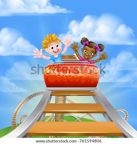 Cartoon boy and girl, one black one white,  kids riding on a roller coaster ride at a theme park or amusement park