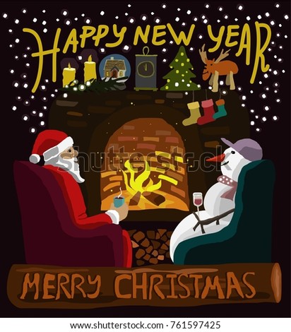 wonderful vector poster of new year with comic Santa Claus, snowman,  fireplace, wood, candle, socks, watch, deer,tree, and lights. great poster for new year invitation or greeting card an oher prints