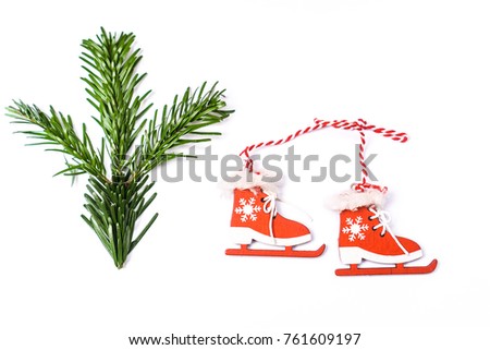 Fir branch with Christmas decoration on white background, copy space
