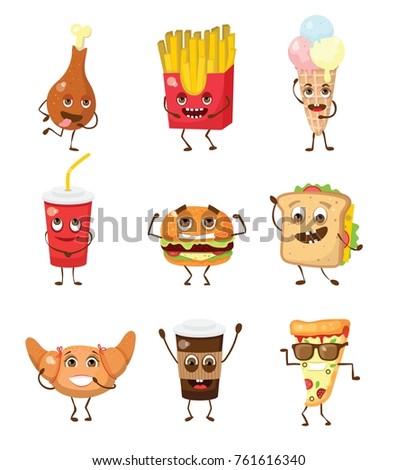 Cartoon funny food characters vector illustrations- croissant, ice-cream, cup of coffee, pizza, hamburger and french fries with emotions