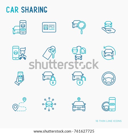Car sharing thin line icons set of driver's license, key, blocked car, pointer, available, searching of car. Vector illustration. Royalty-Free Stock Photo #761627725