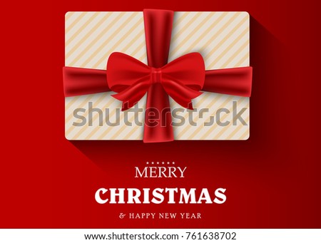 Gift on a red background with the wishes of Merry Christmas and Happy New Year. Greeting card or banner template. Vector illustration.