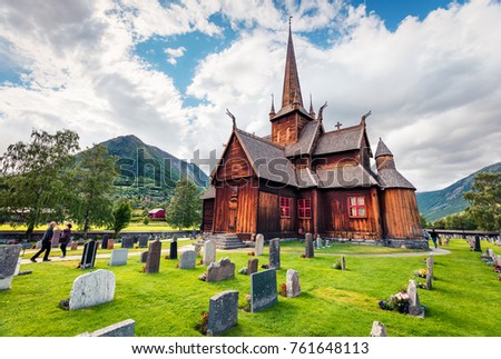 Picturesque summer view of Lom stave church (Lom Stavkyrkje). Sunny morning scene of Norwegian countryside, administrative centre of Lom municipality - Fossbergom, Norway, Europe.