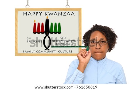 Happy Kwanzaa 2nd Principle (Self Determination / Kujichagulia) Family Community Culture Woman  with green felt tip marker white board