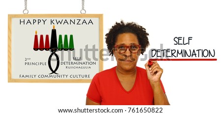 Happy Kwanzaa 2nd Principle (Self Determination / Kujichagulia) Family Community Culture Woman with red felt tip marker white board
