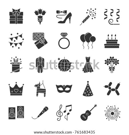 Holiday accessories glyph icons set. Birthday party items. Celebration. Silhouette symbols. Raster isolated illustration