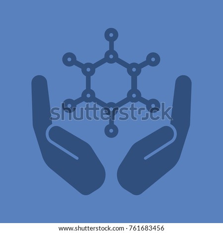 Open palms with molecule glyph color icon. Silhouette symbol. Chemical engineering. Negative space. Raster isolated illustration