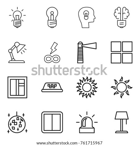 Thin line icon set : bulb, head, brain, table lamp, infinity power, lighthouse, window, taxi, sun, disco ball, switch, alarm, floor