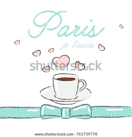 vector set design collection romantic paris coffee with hearts, bow and word paris je taime