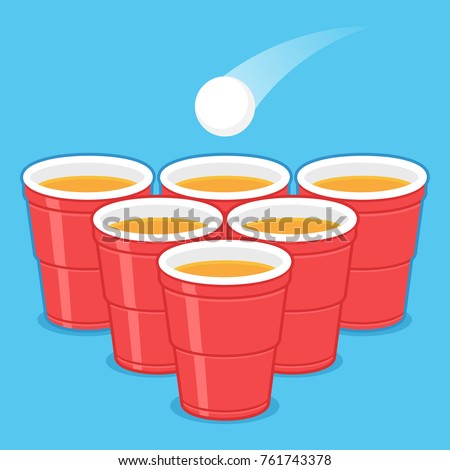 Red Beer Pong plastic cups with ball. Traditional drinking game vector illustration.