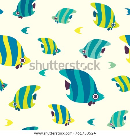 Cartoon seamless pattern with butterfly fish. Vector wallpaper with reef fish.