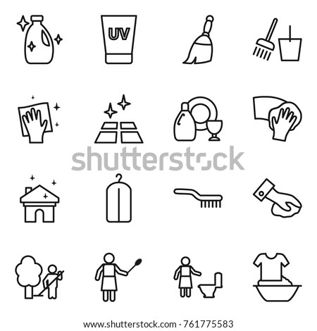 Thin line icon set : cleanser, uv cream, broom, bucket and, wiping, clean floor, dish, house cleaning, dry wash, brush, garden, woman with duster, toilet, handle washing Royalty-Free Stock Photo #761775583