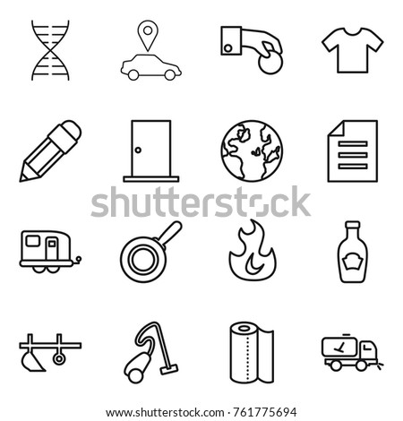 Thin line icon set : dna, car pointer, hand coin, t shirt, pencil, door, globe, document, trailer, pan, fire, ketchup, plow, vacuum cleaner, paper towel, home call cleaning